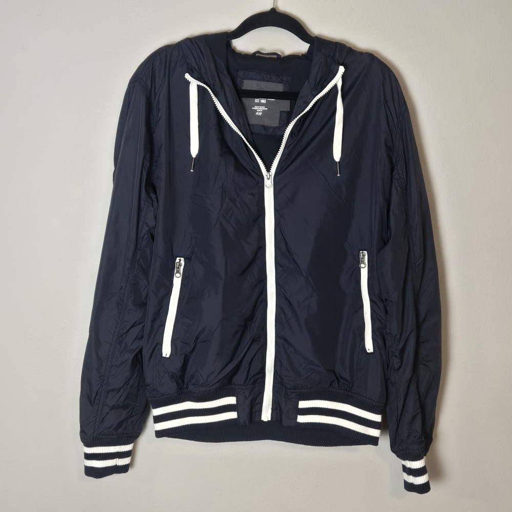 H&M LOGG Blue Lined Hooded Windbreaker Vintage Retro Inspired Jacket Mens Sz L